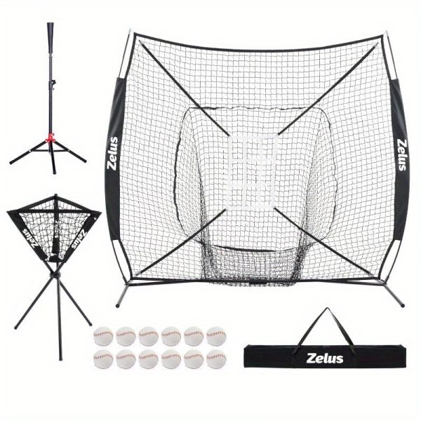 ZELUS Baseball net and tee, 5x5ft/ 7x7ft Baseball Net for Hitting and Pitching, Portable Indoor Outdoor Batting Practice Net with Carry Bag Ball Caddy & Baseballs