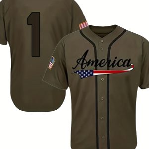 Men's #1 Baseball Jersey, Casual Short Sleeve Button Up Embroidery Classics Salute Olive Green Sports Uniforms