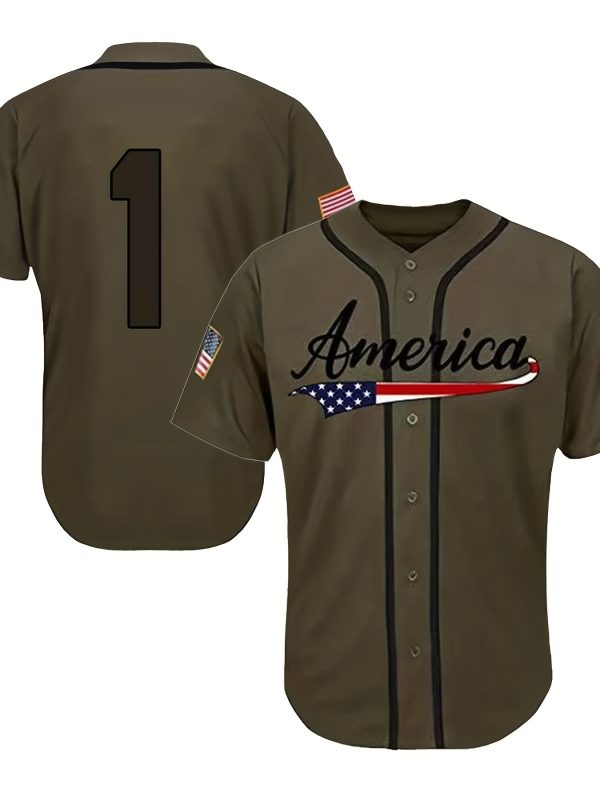 Men's #1 Baseball Jersey, Casual Short Sleeve Button Up Embroidery Classics Salute Olive Green Sports Uniforms